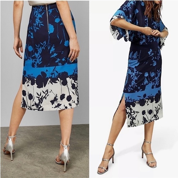 NWT‎ TED BAKER Floral Colorblock Stripe High Waist Side Slit Pencil Midi Skirt 2 - Picture 2 of 11
